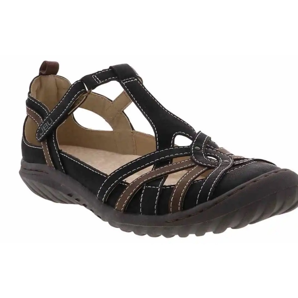 JBU Black and Brown Strappy Sandals J-41 Dove Flats - Black/Earth Comfort Shoes